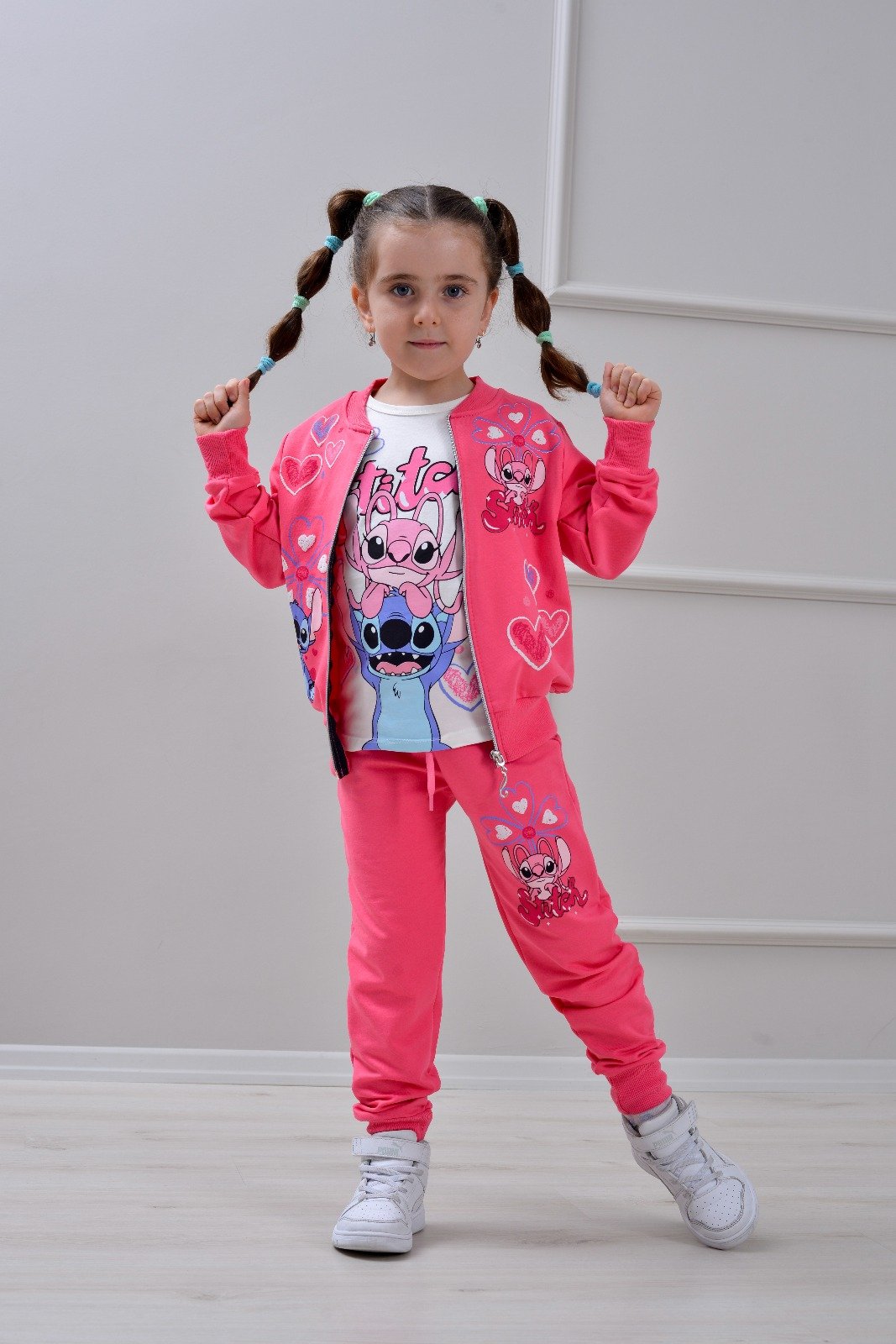 Детски комплект за момиче с дълъг ръкав 3 части, цвят циклама