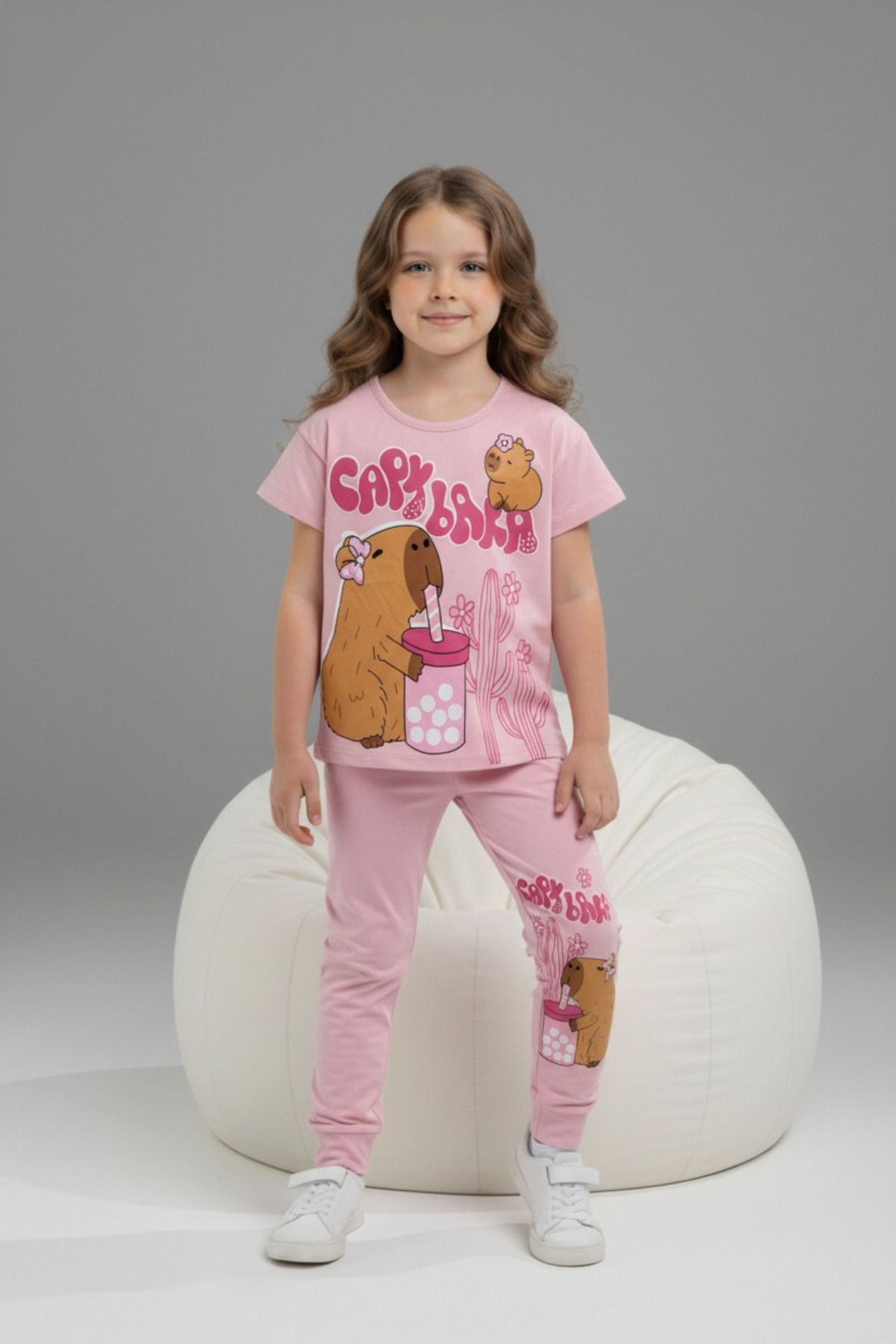 Детски комплект за момиче с къс ръкав, розов цвят