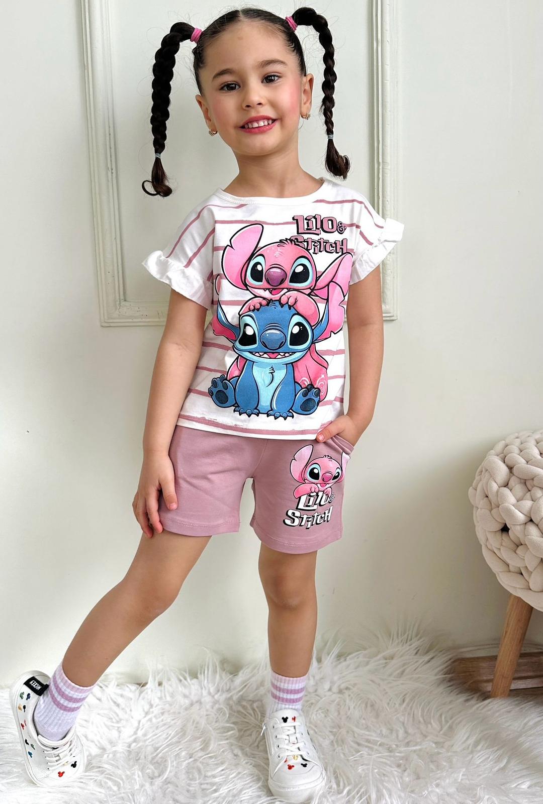 Детски комплект за момиче с къс ръкав Stitch, тъмно розов цвят