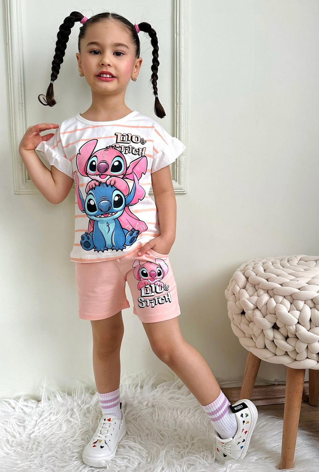 Детски комплект за момиче с къс ръкав Stitch, светло розов цвят
