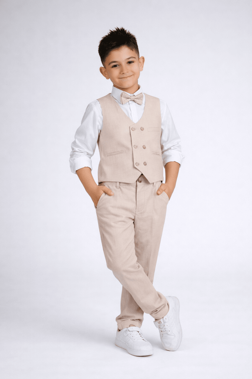 Детски официален комплект за момче с дълъг ръкав, бежов цвят