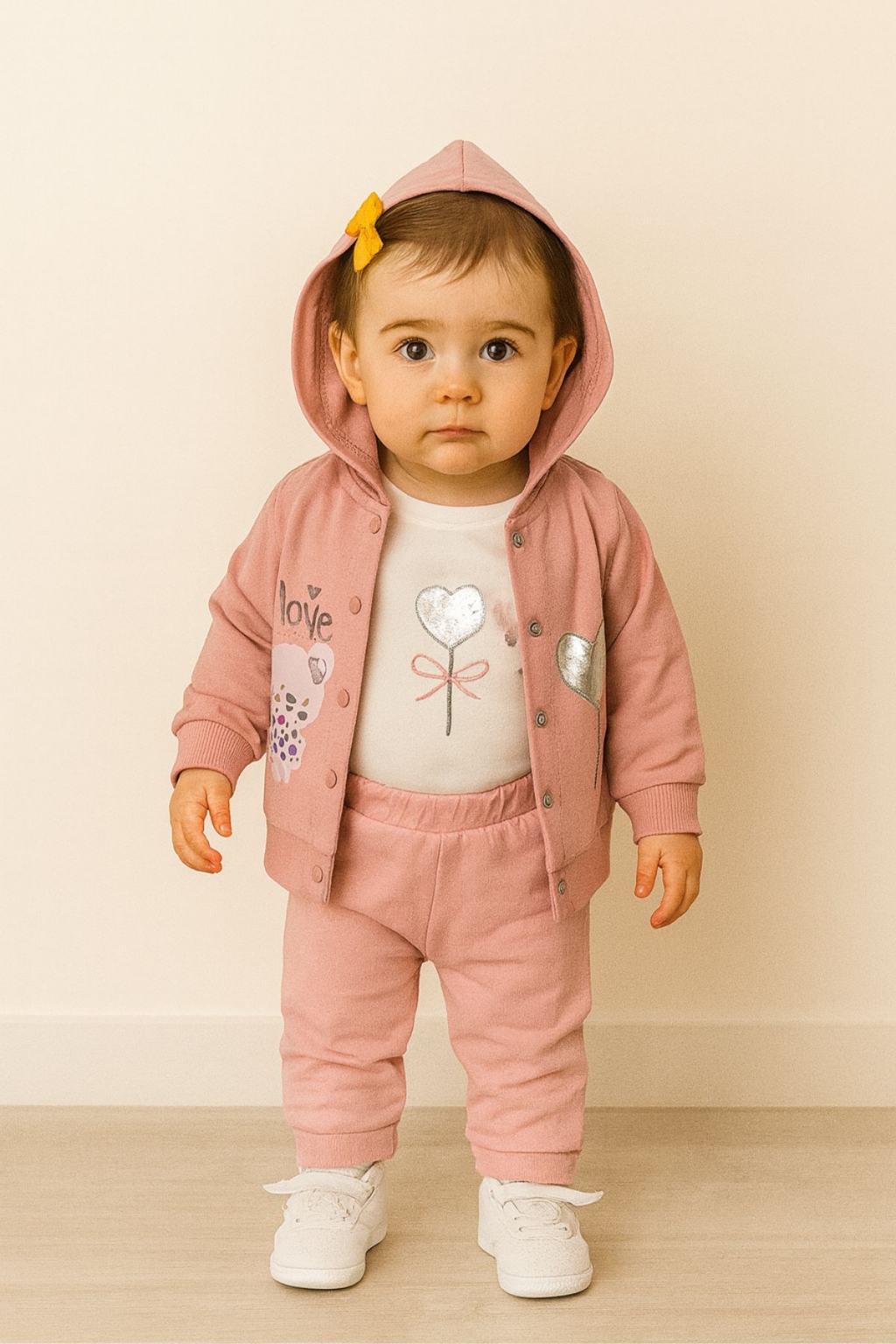 Бебешки комплект за момиче с дълъг ръкав 3 части, розов цвят