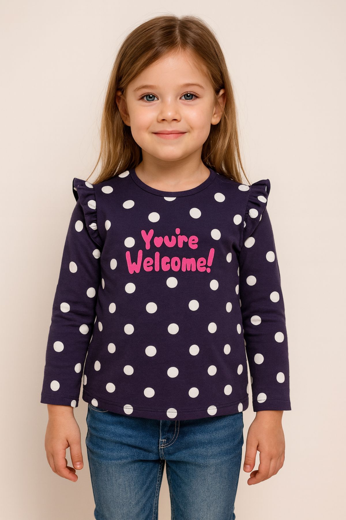 Детска блуза за момиче с дълъг ръкав, тъмно син цвят