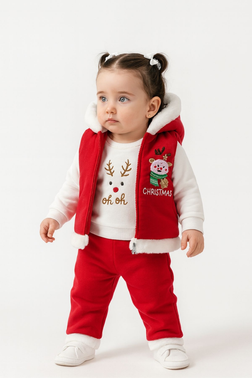 Детски комплект с дълъг ръкав 3 части Коледа, червен цвят