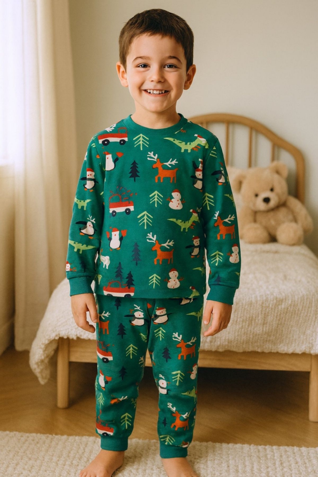 Детска пижама с дълъг ръкав Коледа, зелен цвят