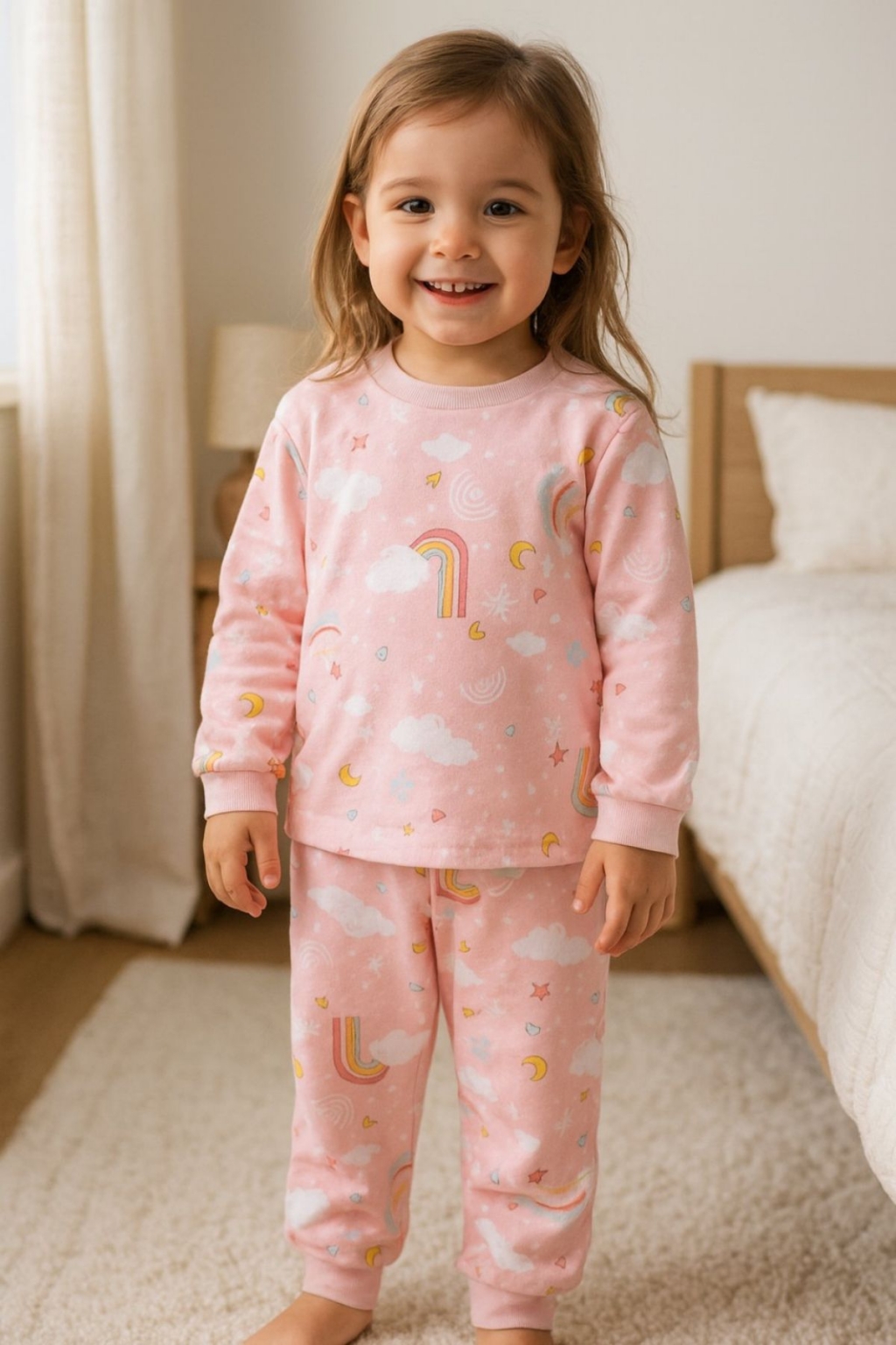 Детска пижама за момиче с дълъг ръкав, розов цвят
