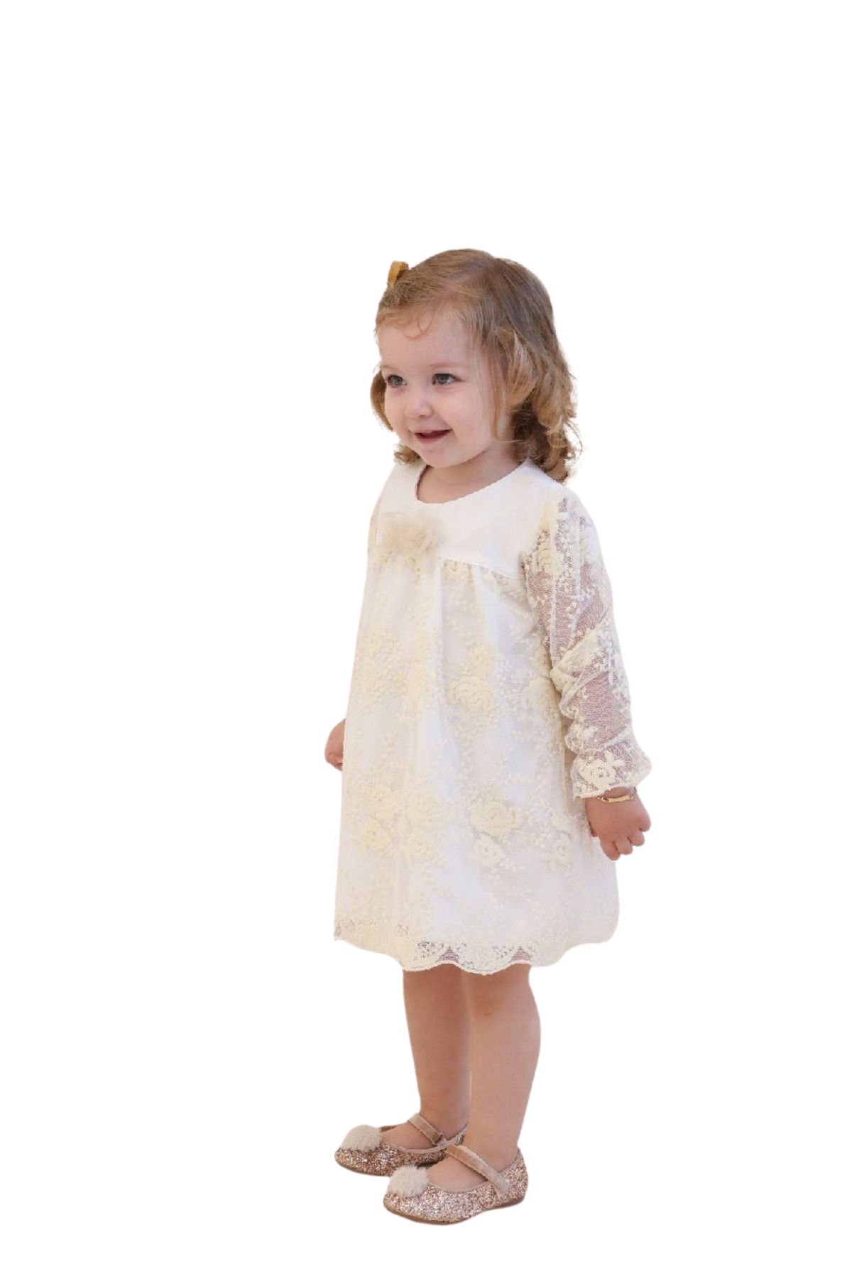 Детска рокла с дълъг ръкав, бял цвят