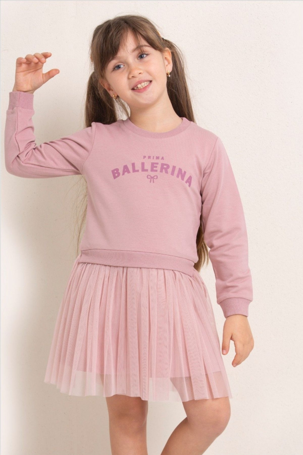 Детска рокля с дълъг ръкав, цвят пудра