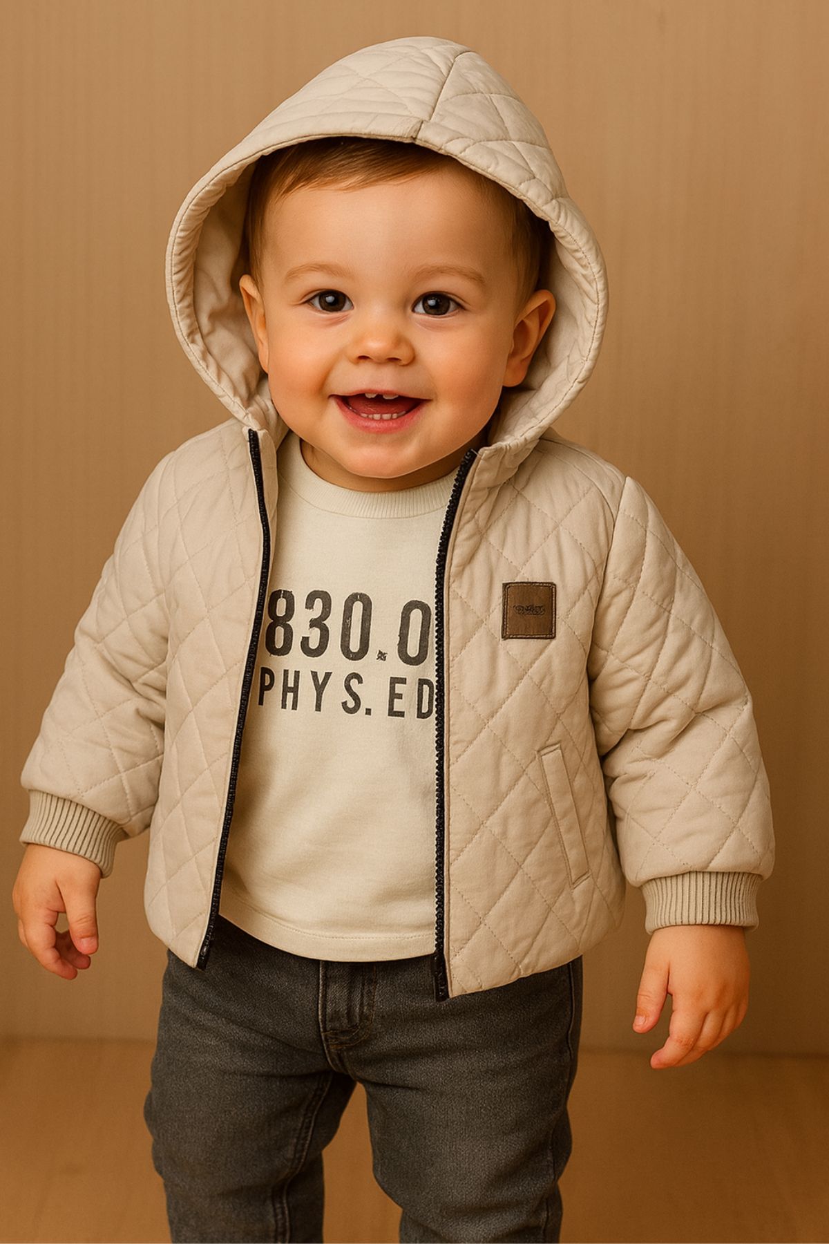 Детски комплект за момче с дълъг ръкав 3 части, бежов цвят