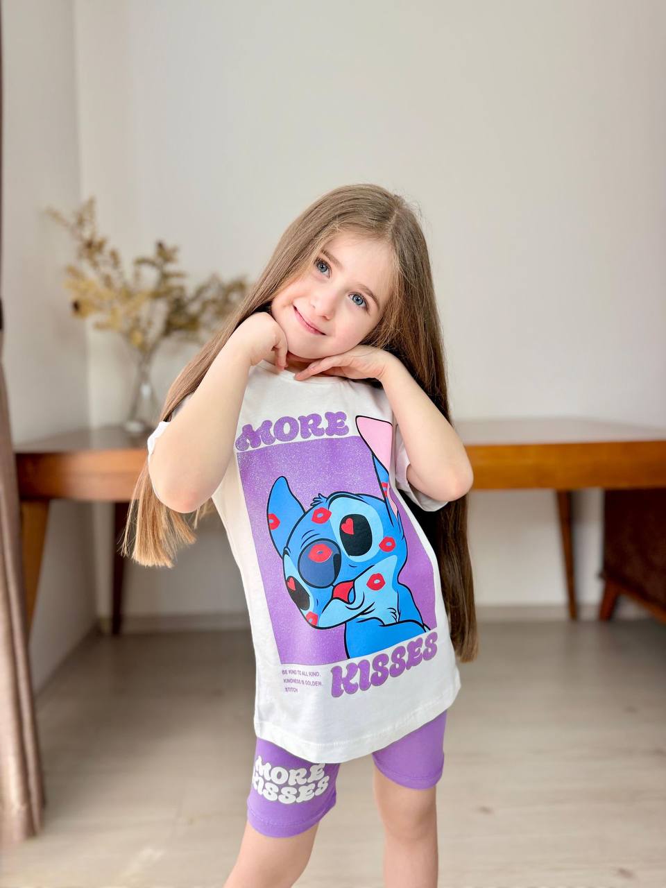 Детски комплект за момиче с къс ръкав Stitch, лилав цвят
