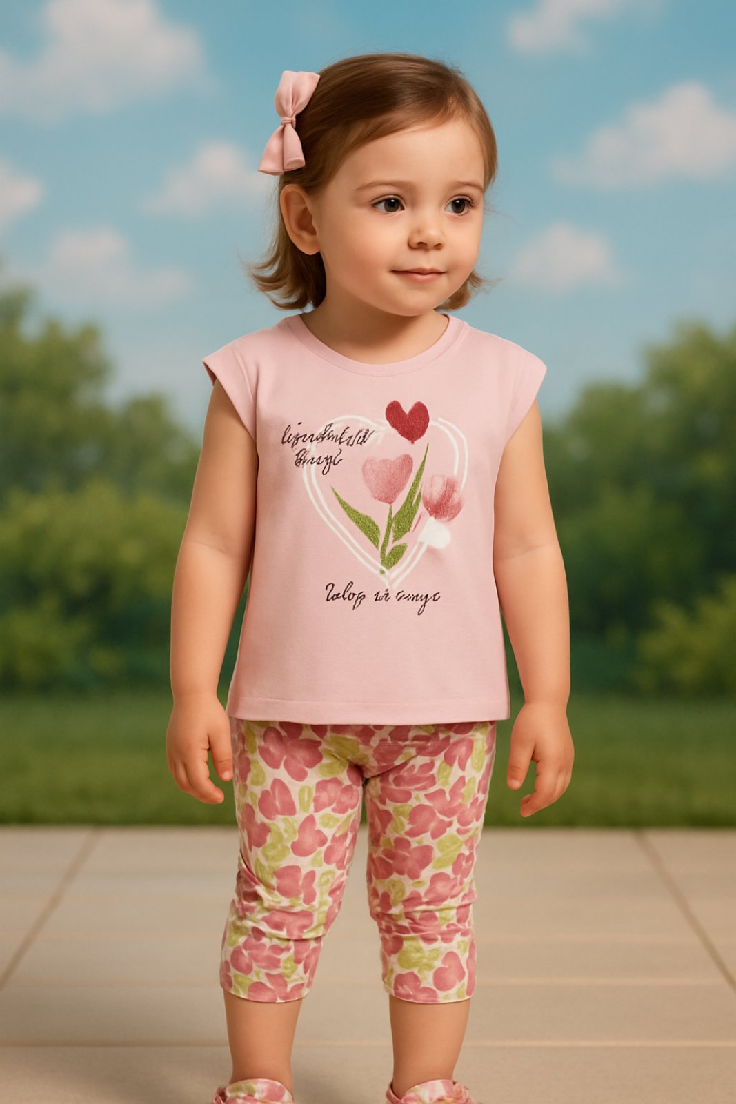 Детски комплект за момиче къс ръкав, розов цвят