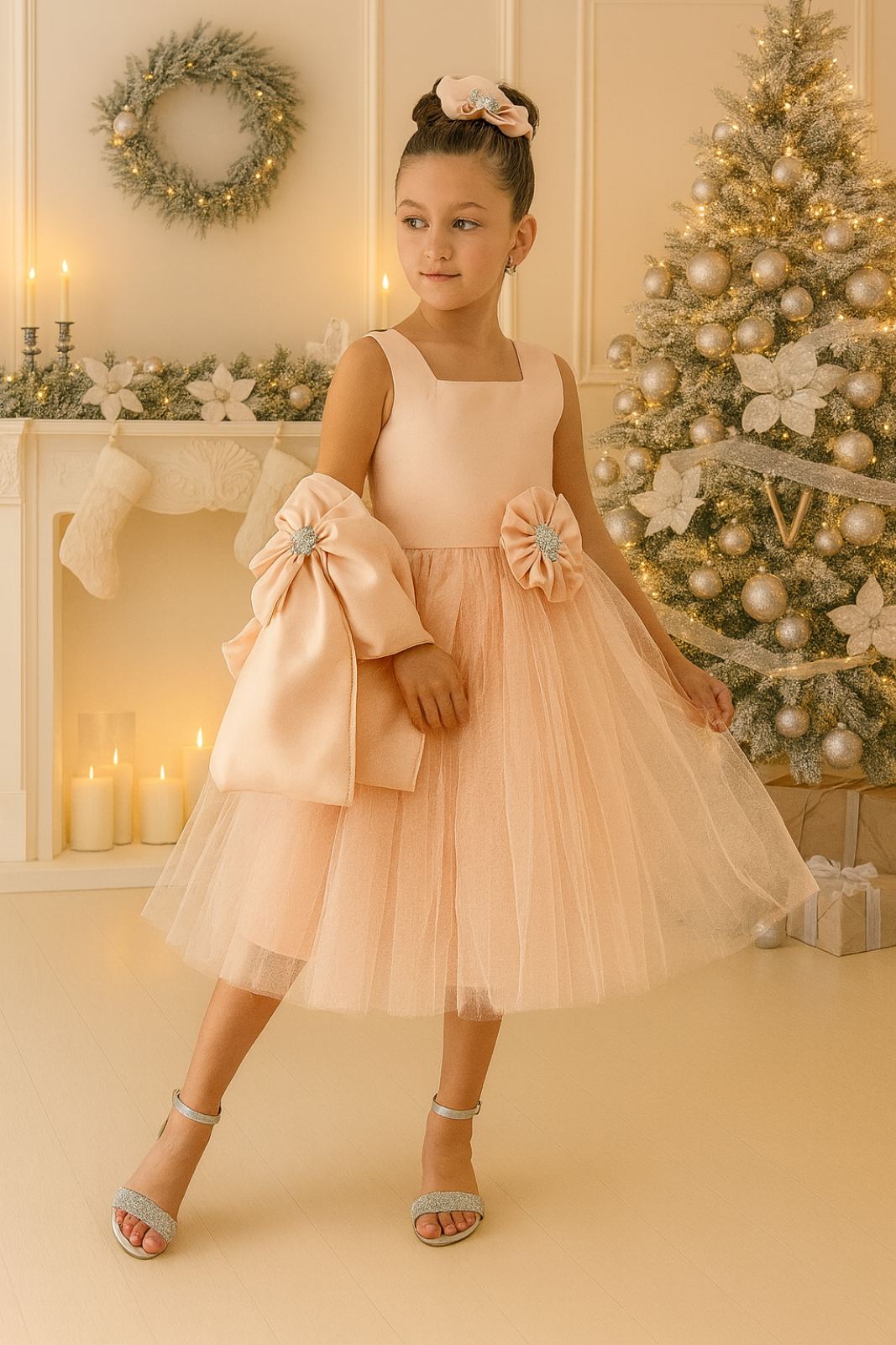 Детска официална рокля, цвят корал