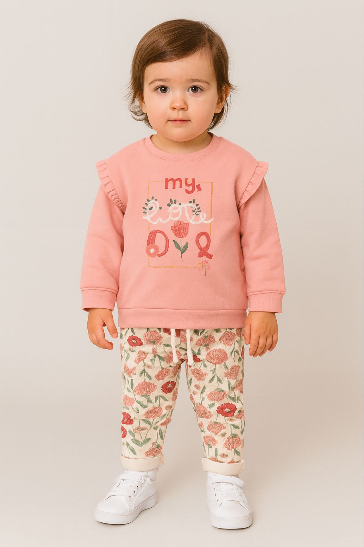 Детски комплект за момиче с дълъг ръкав, розов цвят