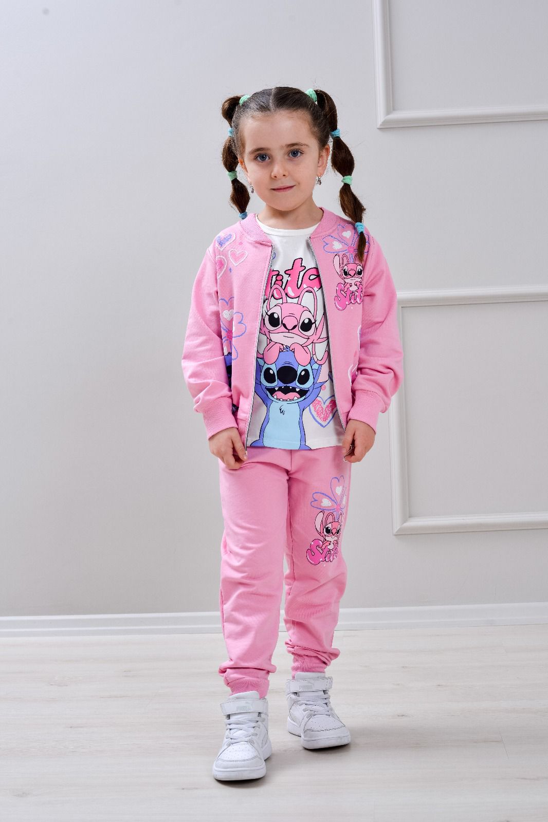 Детски комплект за момиче с дълъг ръкав 3 части, розов цвят