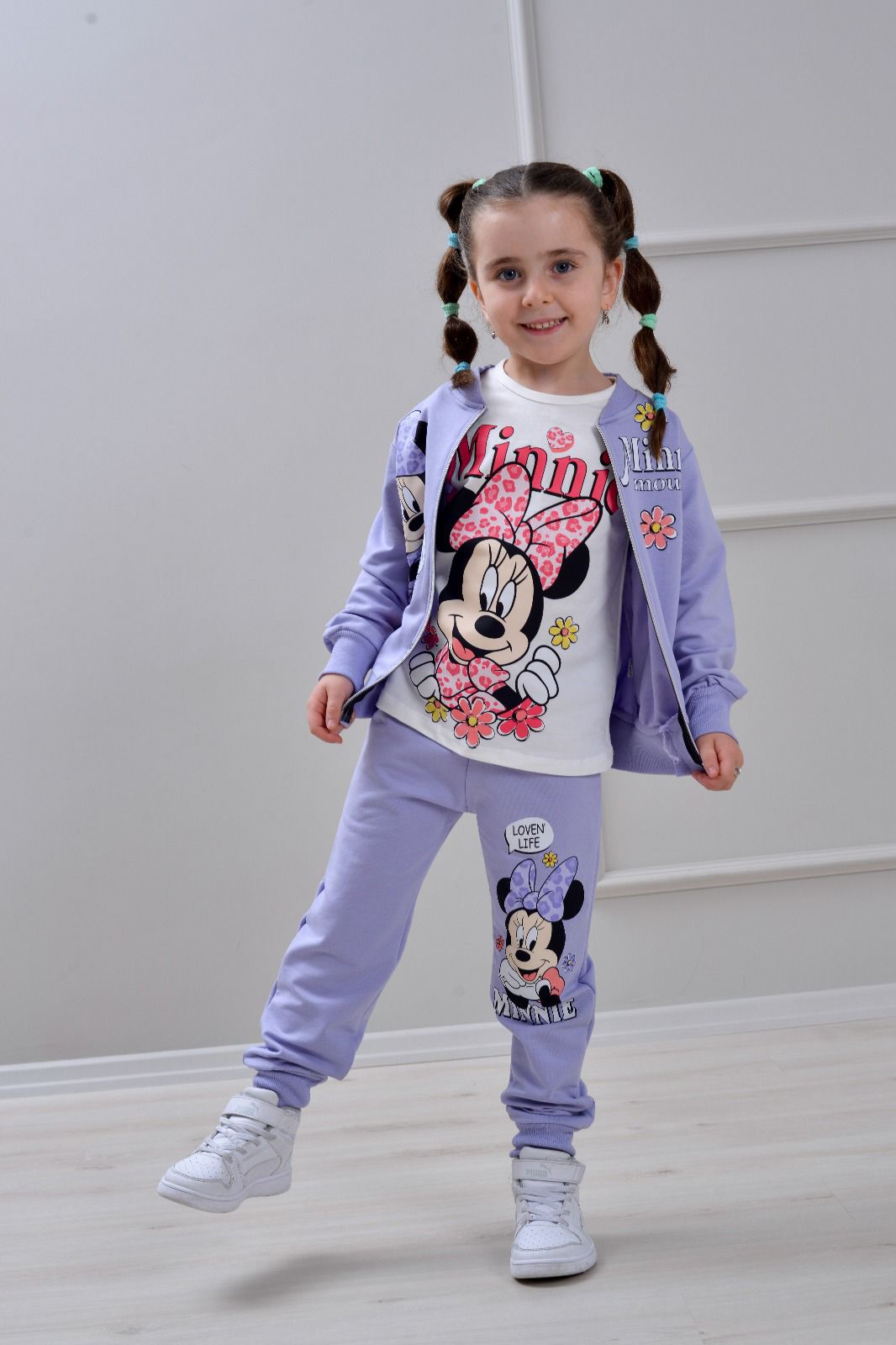 Детски комплект за момиче с дълъг ръкав 3 части, лилав цвят