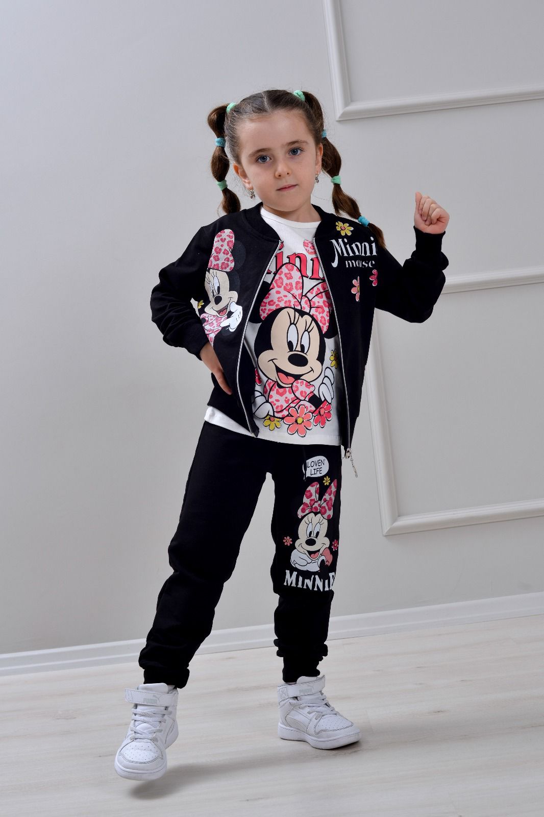 Детски комплект за момиче с дълъг ръкав 3 части, черен цвят