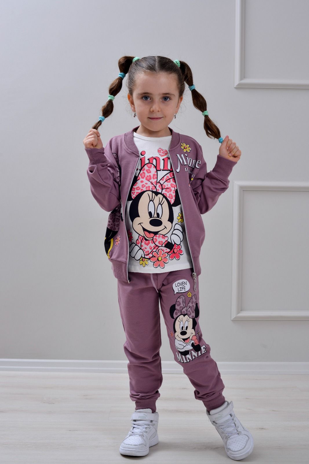 Детски комплект за момиче с дълъг ръкав 3 части, тъмно лилав цвят