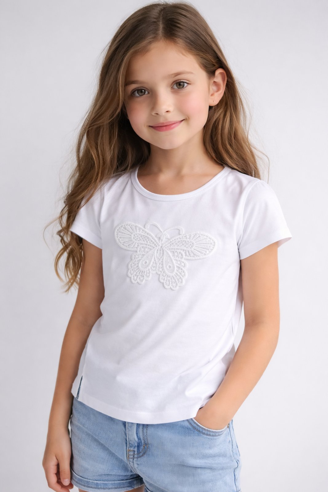 Детска тениска за момиче, цвят екрю