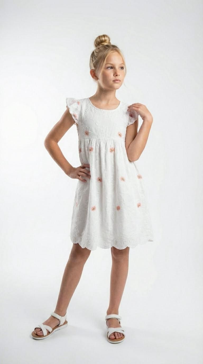 Детска рокля с къс ръкав, цвят екрю