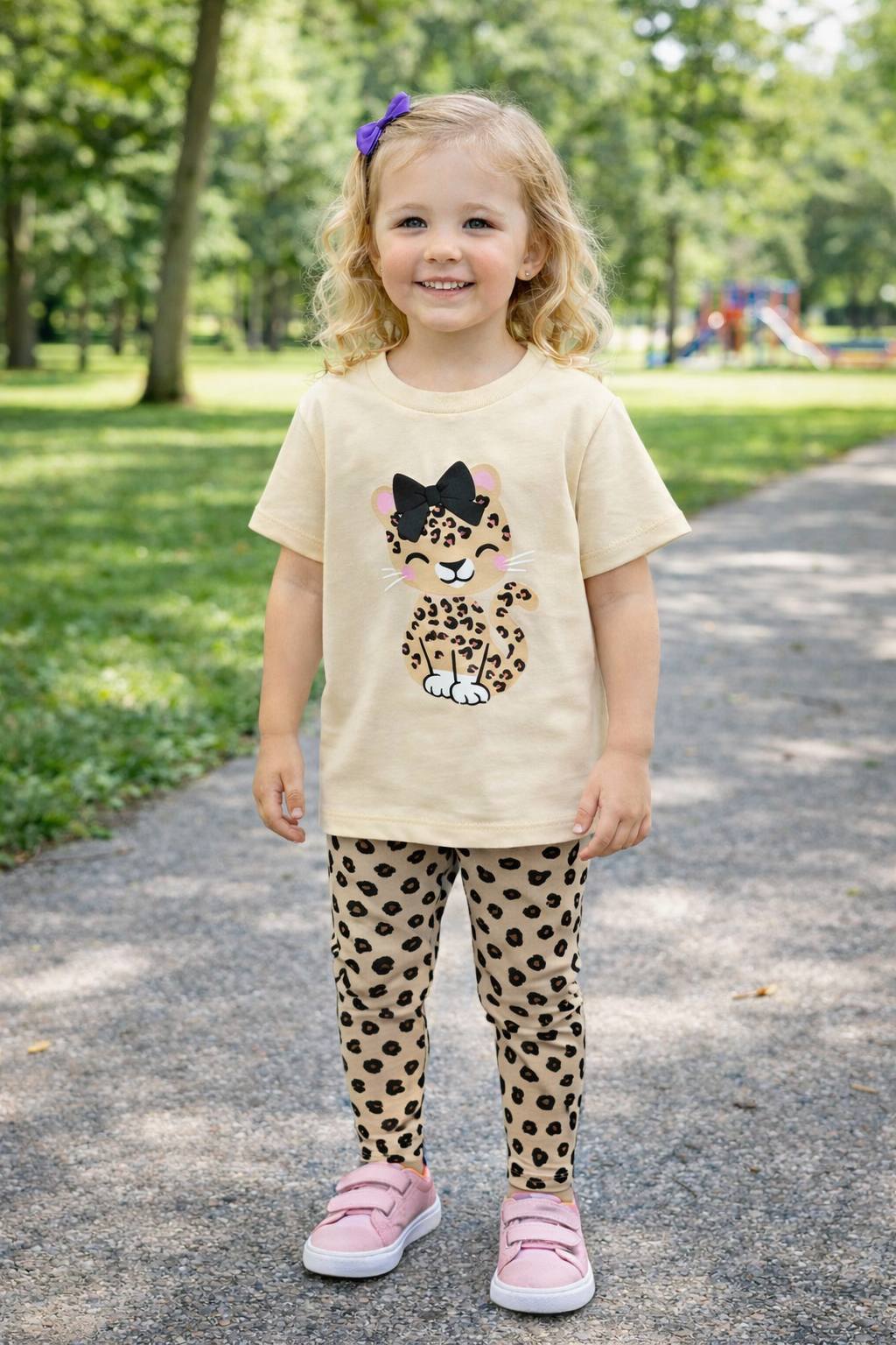 Детски комплект за момиче с къс ръкав, бежов цвят