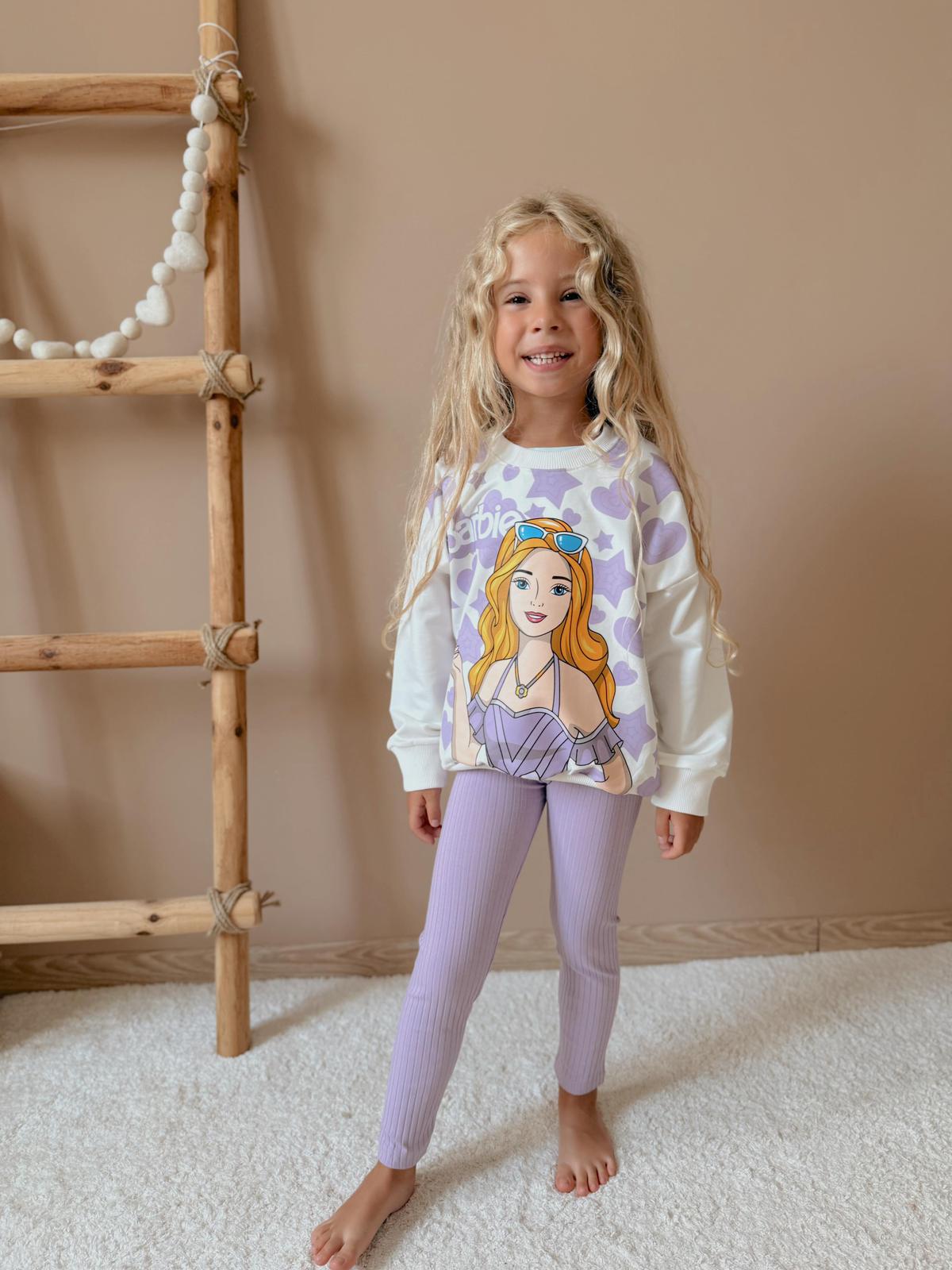 Детски комплект за момиче с дълъг ръкав Barbie, лилав цвят