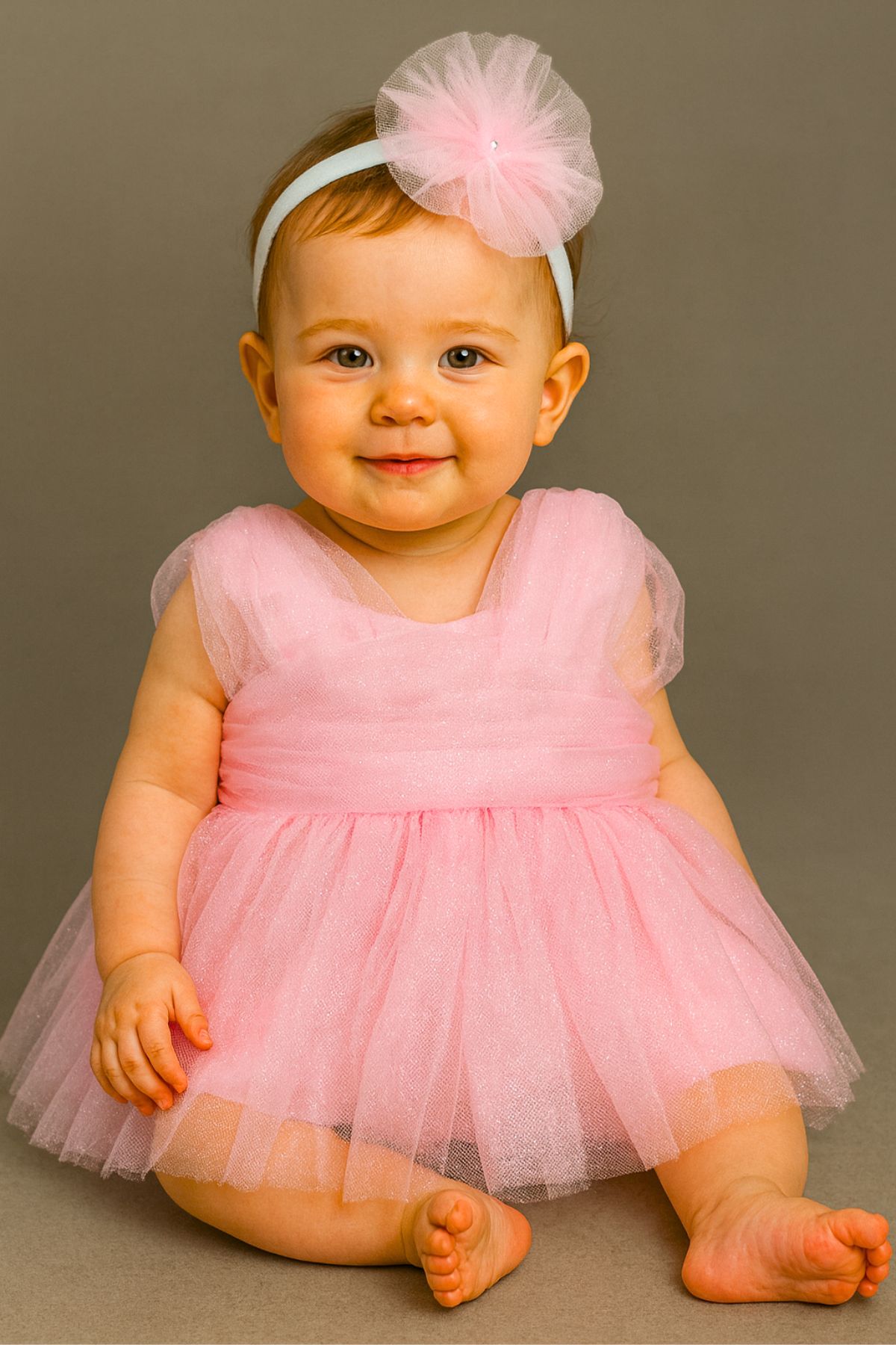 Бебешка официална рокля с лента, розов цвят