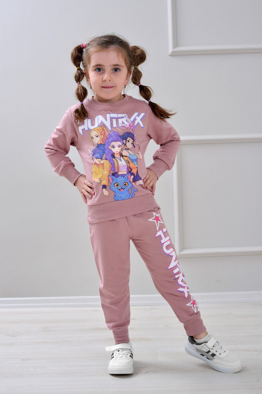 Детски комплект за момиче с дълъг ръкав, тъмно розов цвят