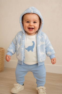 Детски комплект за момче с дълъг ръкав 3 части, син цвят 9/12м