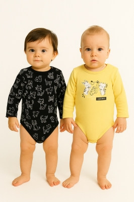 Бебешко боди момиче дълъг ръкав 2 броя, жълт цвят 12/18м