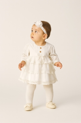 Бебешка рокля дълъг ръкав с лента, бял цвят 6/9м