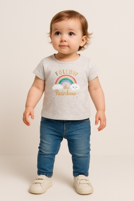 Бебешка тениска момиче с дъга, сив цвят 18м