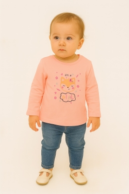 Детска блуза момиче дълъг ръкав с картинка, розов цвят 9м