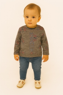 Бебешка блуза момиче дълъг ръкав с цветя, кафяв цвят 6/9м