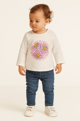 Детска блуза момиче дълъг ръкав, цвят екрю 2г