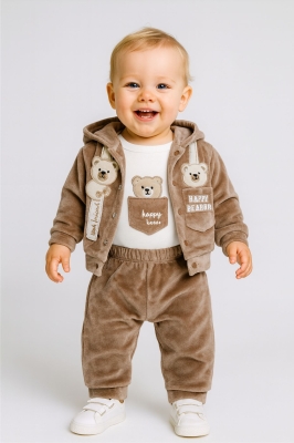  Детски комплект за момче с дълъг ръкав 3 части, кафяв цвят   0/3м