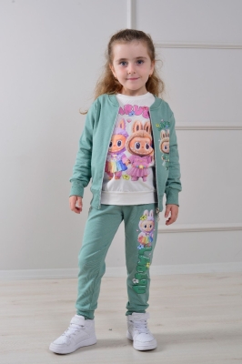 Детски комплект вата за момиче с дълъг ръкав 3 части, зелен цвят  5/6г