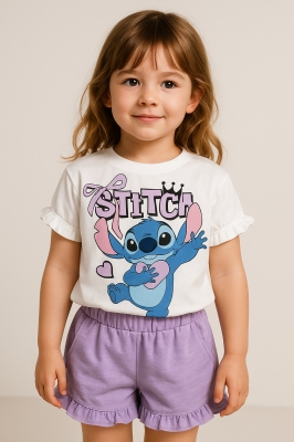 Детски комплект за момиче с къс ръкав Stitch, лилав цвят