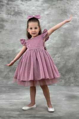 Детска официална рокля с къс ръкав и фиба, цвят пудра 4г