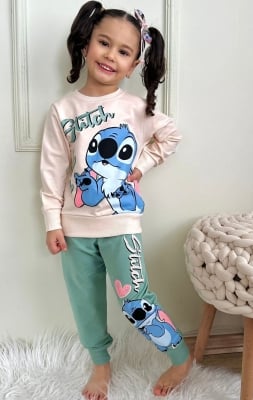 Детски комплект за момиче с дълъг ръкав Stitch, зелен цвят 9/10г