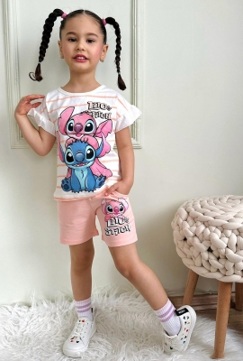 Детски комплект за момиче с къс ръкав Stitch, светло розов цвят