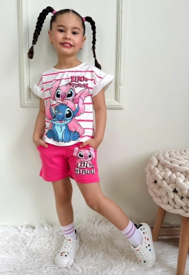 Детски комплект за момиче с къс ръкав Stitch, цикламен цвят