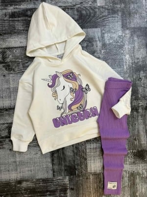 Детски комплект момиче дълъг ръкав Еднорог , лилав цвят 3/4г