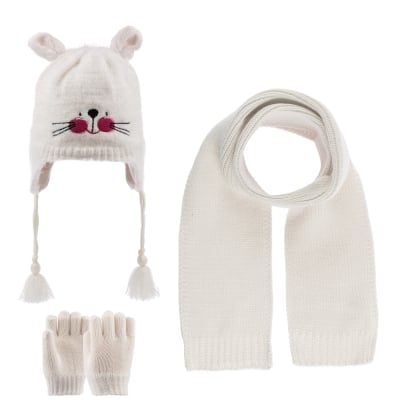 Детски комплект шапка, шал и ръкавици момиче, бял цвят 1-4г