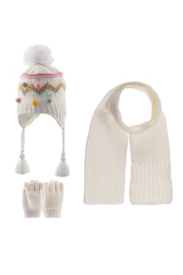 Детски комплект шапка, шал и ръкавици момиче, бял цвят 1/4г