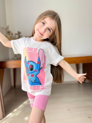 Детски комплект за момиче с къс ръкав Stitch, розов цвят