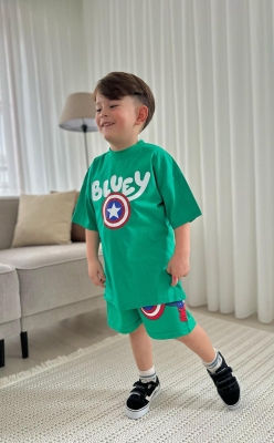 Детски комплект за момче с къс ръкав Bluey, зелен цвят