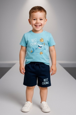 Детски комплект за момче с къс ръкав, син цвят 18м