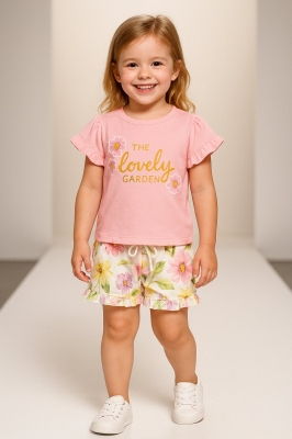 Детски комплект за момиче с къс ръкав, розов цвят 3г