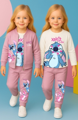 Детски комплект за момиче с дълъг ръкав 3 части, тъмно розов цвят 7/8г