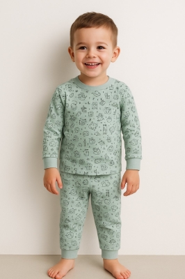 Детска пижама дълъг ръкав за момче, зелен цвят 2г